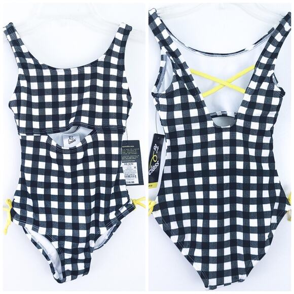NEW Art Class One Piece Bathing Suit XS (4/5) Girls Black White Gingham, Yellow - Picture 1 of 6